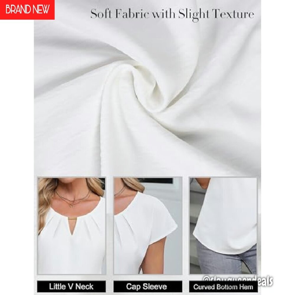 Short Sleeve Pleated Blouse, Lightweight Textured Fabric, Business Casual Top - Picture 5 of 8